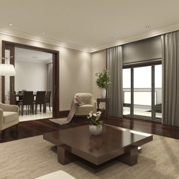modern reception room with neutral colours and blinds and curtains at the windows