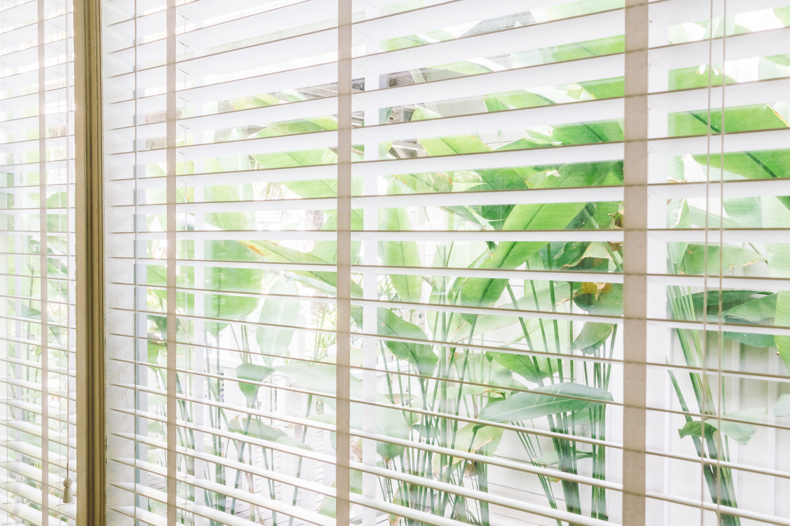 Bright outside space, seen through venetian blinds