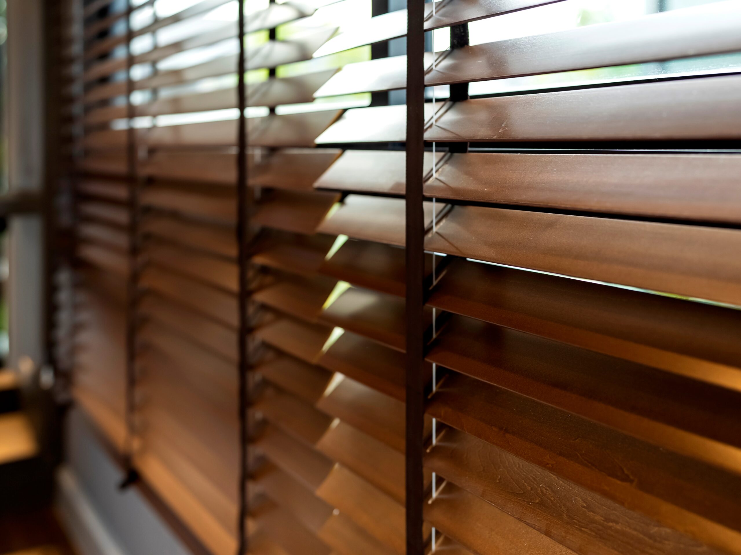 noise reduction blinds: wooden venetian on large window